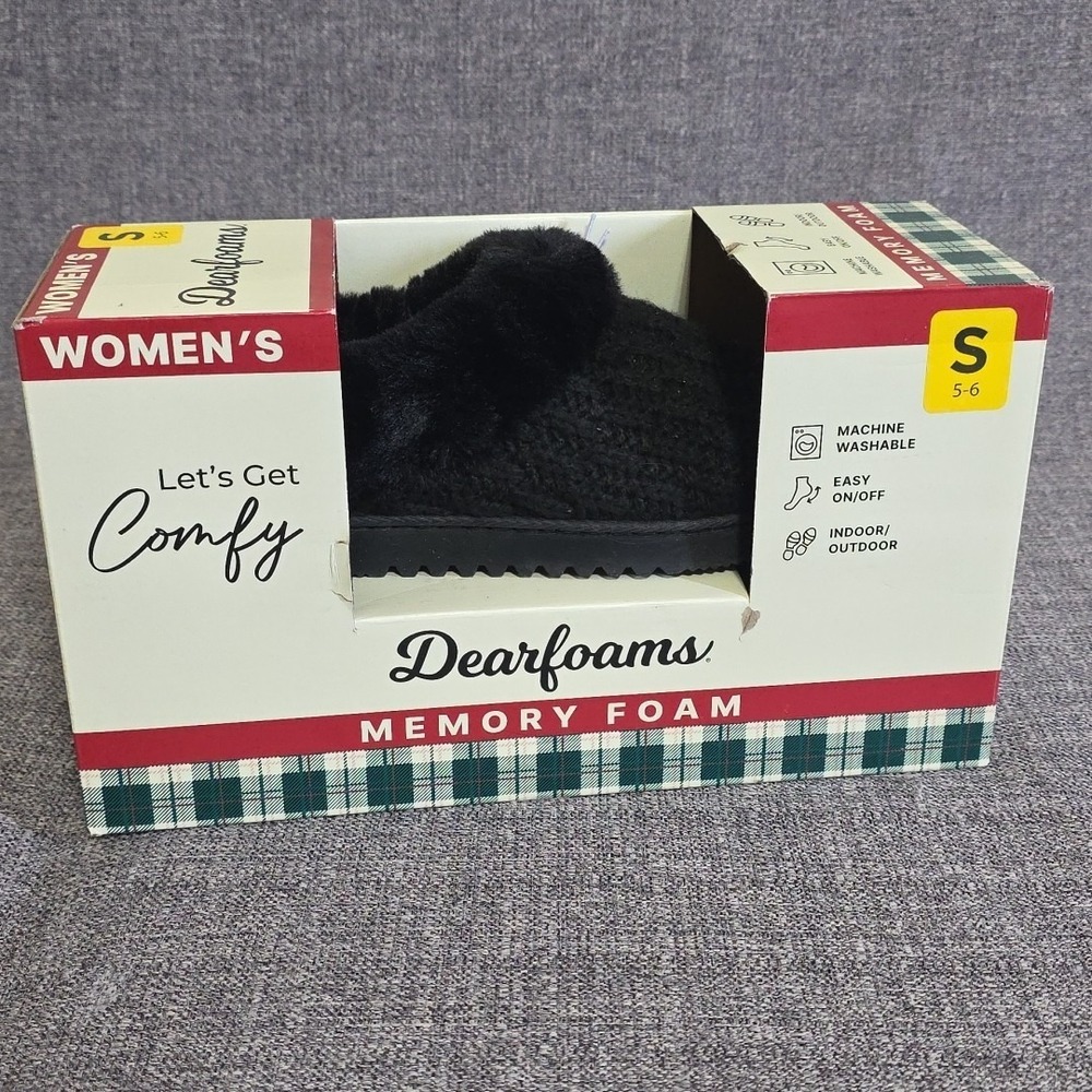 DearFoam Women's Slippers Faux Fur Memory Foam Indoor Outdoor Black Small 5-6